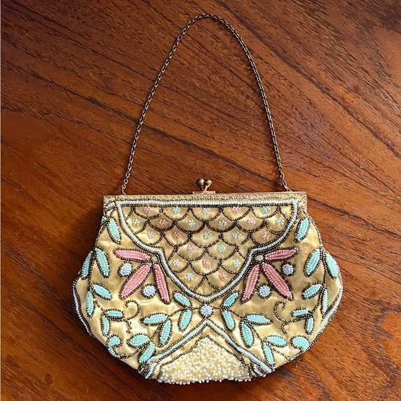 Vintage Beaded Purse Satin Evening Handbag 1940s 1950s Wedding Purse France - Picture 3 of 12